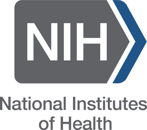 Logo for the National Institutes of Health with gray background, black text, and a blue arrow.