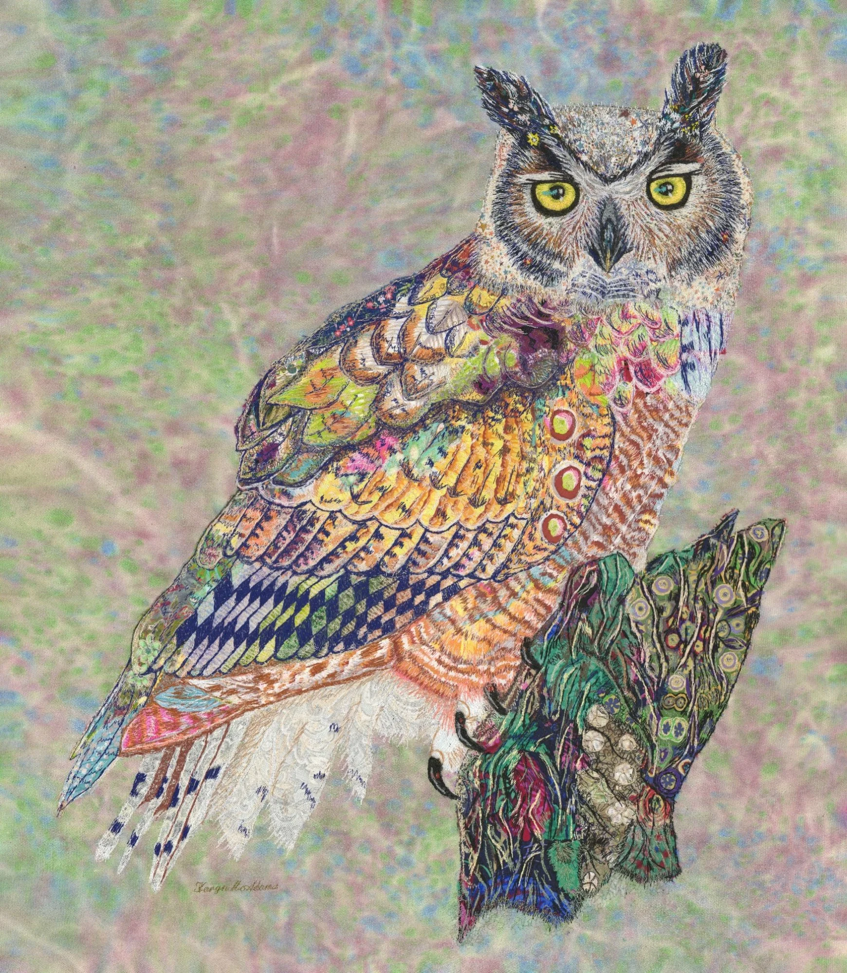 Owl
Threadpainting on eco-dyed canvas
40+hours of stitching
$495
