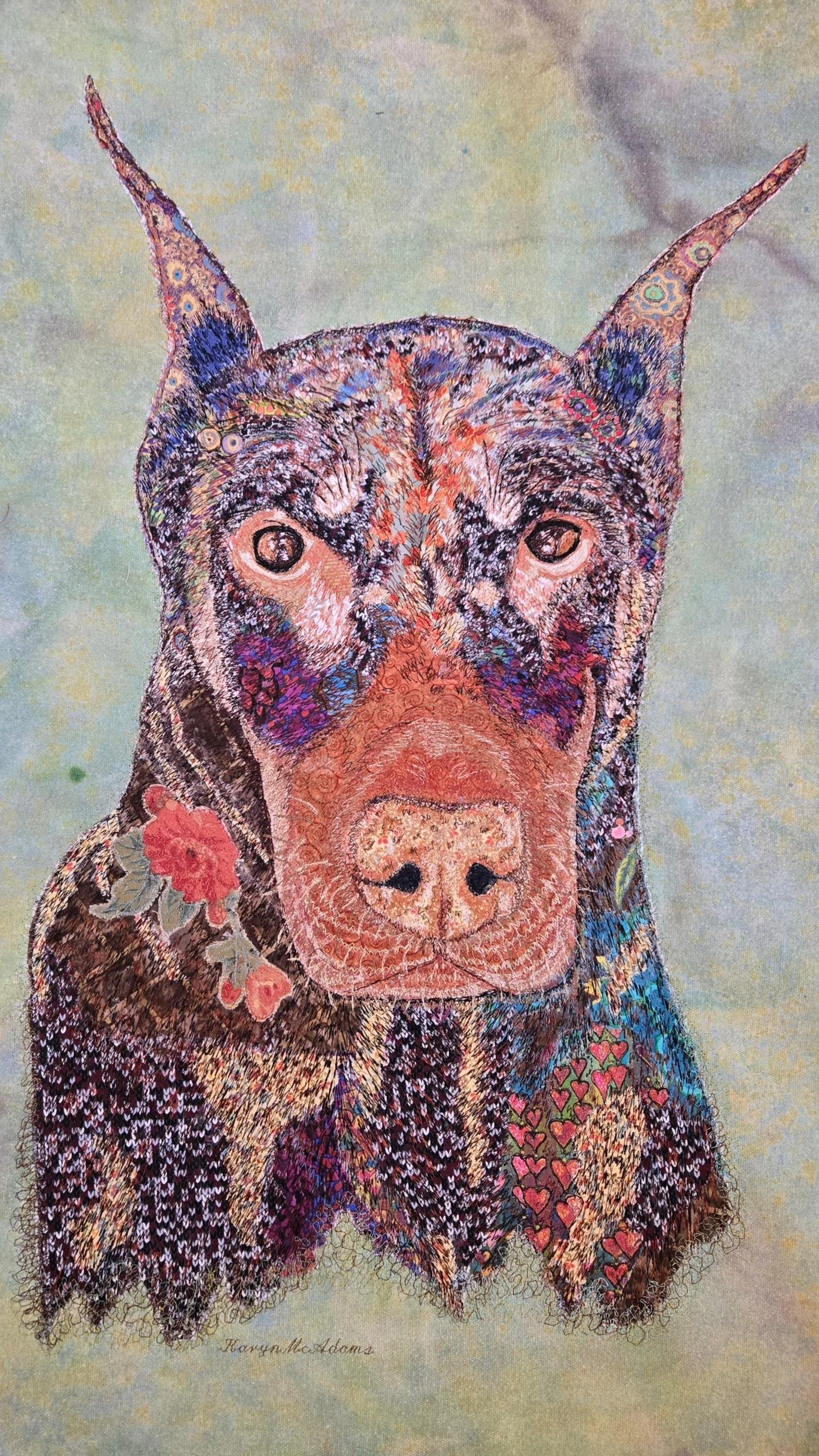 Stanley the Doberman
Threadpainting on eco-dyed canvas
35+ hours of stitching
$1450