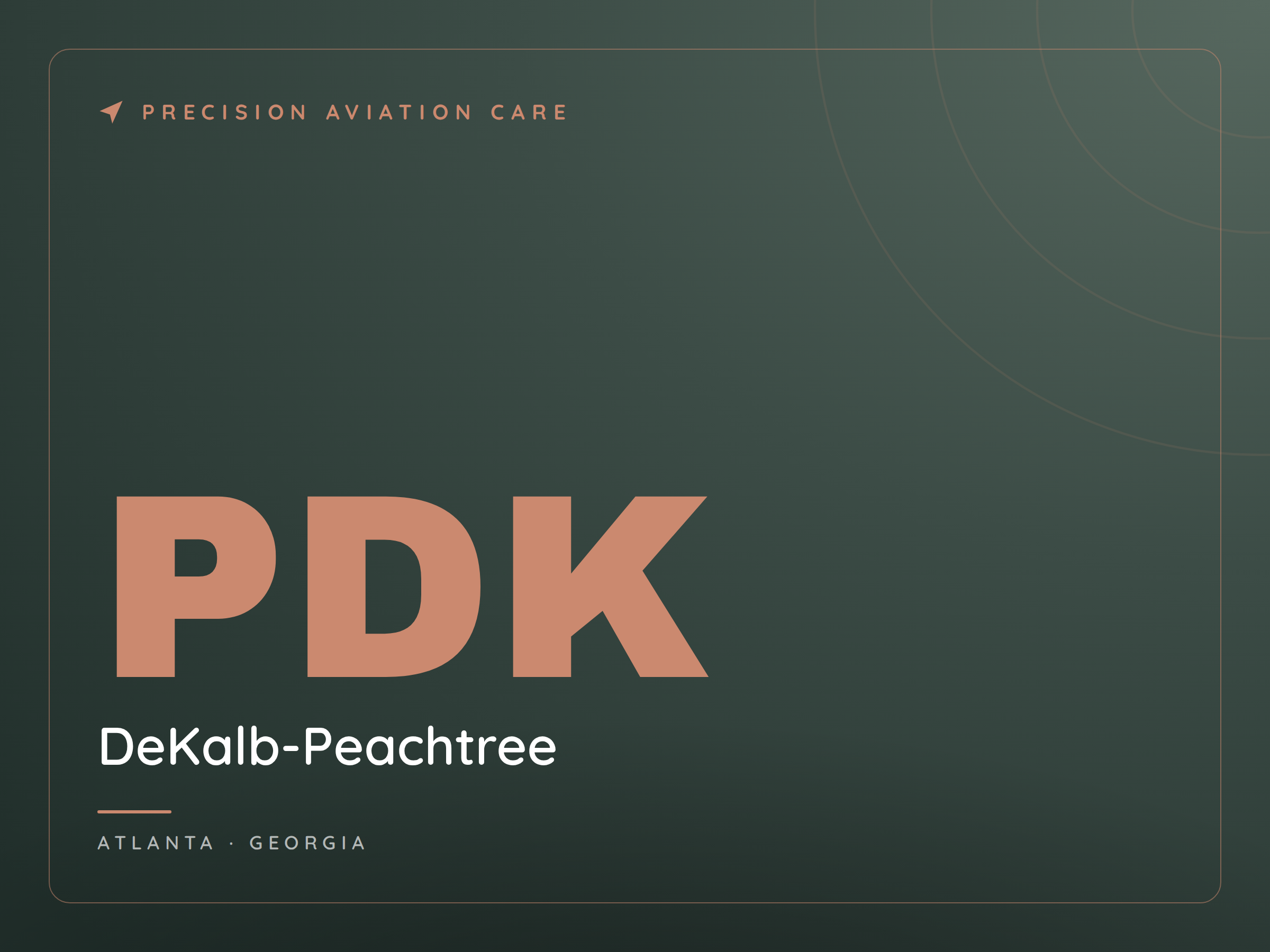 Cover slide with the title 'Precision Aviation Care' in peach-colored text, and 'PDK' with 'Dekalb-Peachtree' in smaller white text below. The location 'Atlanta, Georgia' is at the bottom. The background is dark green with a subtle circular design pattern.