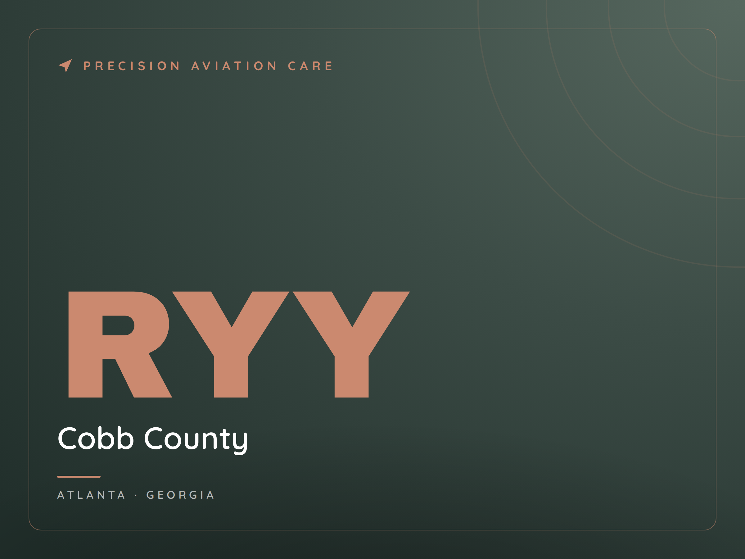 A website or presentation slide titled 'Precision Aviation Care' with a dark green background, light pink text, and a small arrow graphic. The slide also includes the text 'Bryan Cobb County Atlanta Georgia' in the lower part.