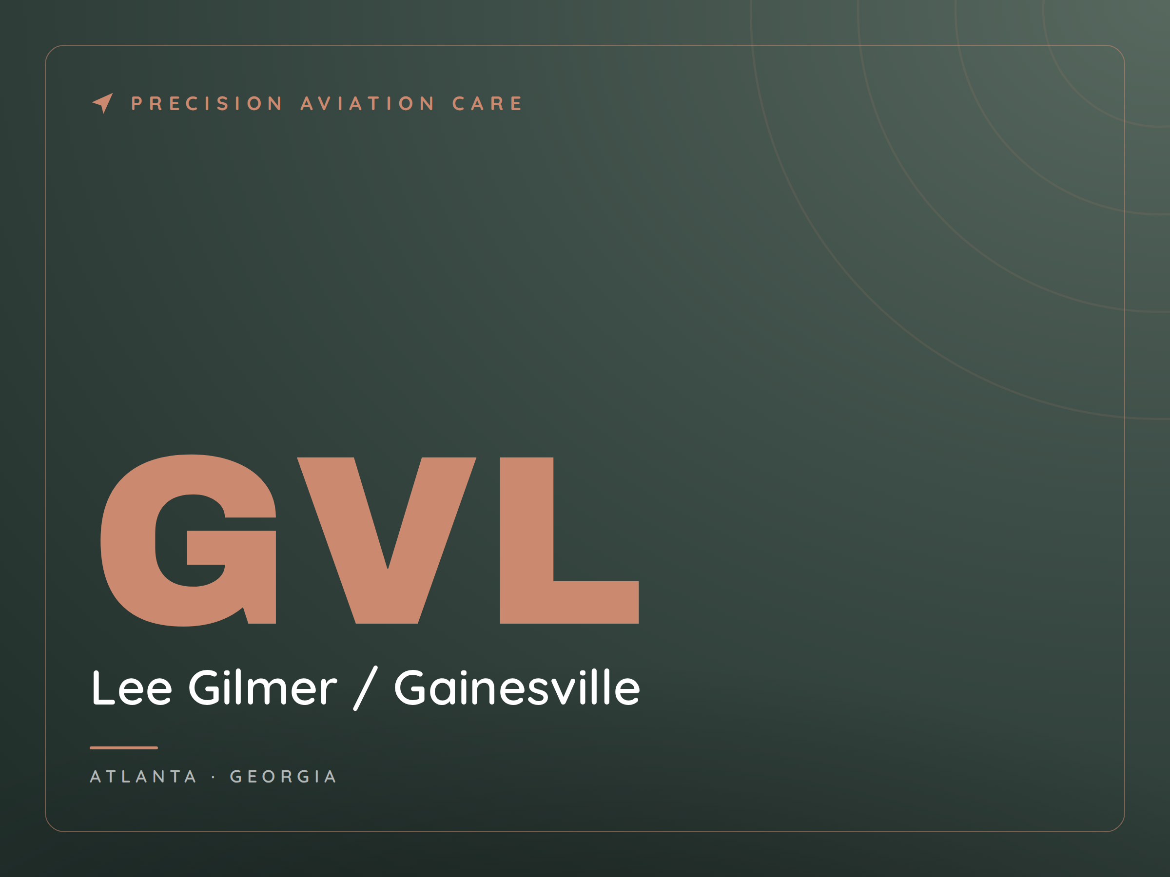 A marketing slide with the title 'PRECIISION AVIATION CARE'. The slide mentions Lee Gilmer from Gainesville, Georgia, and appears to be part of a presentation at an event in Atlanta, Georgia.