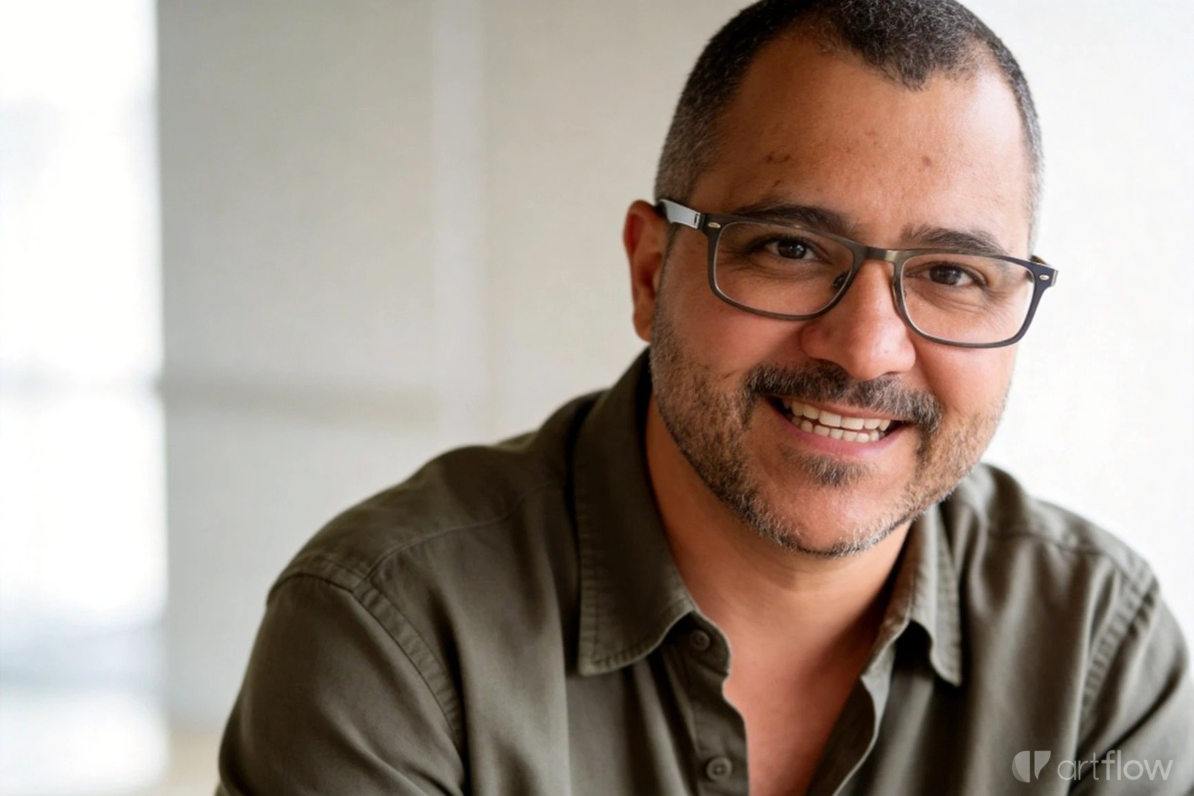 Smiling man with glasses, short dark hair, and a beard, wearing a grayish-green shirt, sitting indoors with a light-colored background.