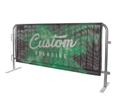 Custom branding barrier with a green and black design and the word 'Custom Branding' in white text