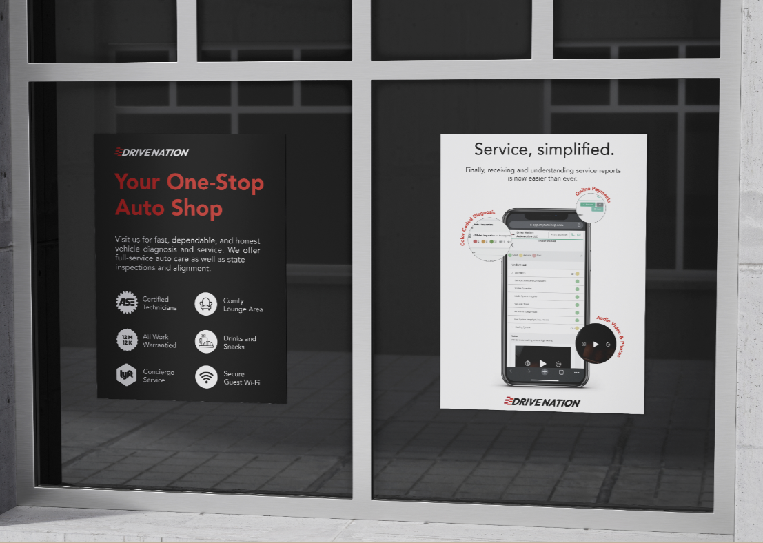 Two posters on glass doors advertise an auto shop and its services. The left poster reads "Your One-Stop Auto Shop" and highlights features like certified technicians, a lounge area, warranty, drinks and snacks, concierge service, and guest Wi-Fi. The right poster explains how customers can track their vehicle service reports and make online payments using a mobile app, with visuals of a smartphone screen and annotations.
