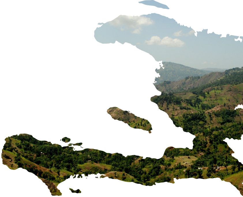 Scenic view of rolling green hills and mountains under a partly cloudy sky in Haiti