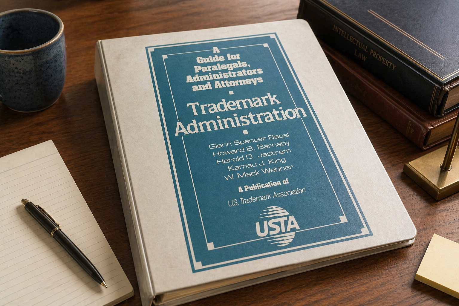 Book titled 'A Guide for Paralegals, Administrators, and Attorneys: Trademark Administration' on a wooden desk.