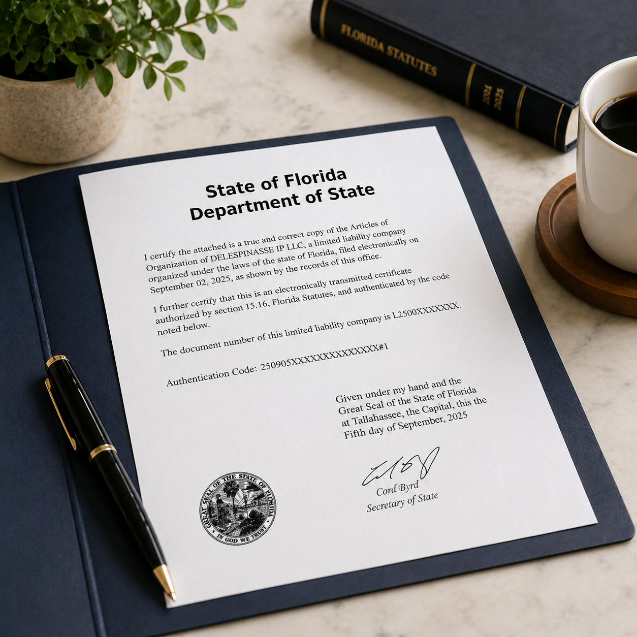 Official Florida Department of State certificate displayed on a desk, with a pen, a cup of coffee, and a book titled 'Florida Statutes 2025' nearby.