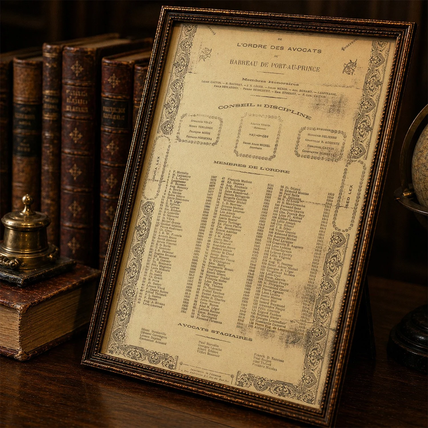 Framed historical document listing members of the Order of Lawyers of Port-au-Prince, with ornate border, leaning against a row of old leather books and a vintage inkwell on a wooden desk.