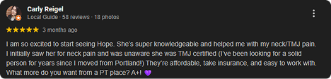 Screenshot of a Google review for Carly Reigel, a local guide, praising her knowledge, help with neck/TMJ pain, and professional care, with five-star rating.