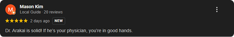 Screenshot of a Google review by Mason Kim giving five stars, praising Dr. Arakali as solid and trustworthy.