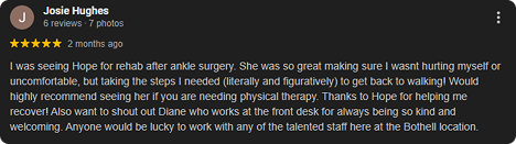 Screenshot of a Facebook review by Josie Hughes praising a rehab center and staff, especially noting Diane's kindness and welcoming attitude.
