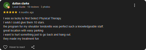 Screenshot of a Google review from Dutton Clarke praising a physical therapy clinic for effective shoulder tendonitis treatment, mentioning the knowledgeable staff and easy parking.