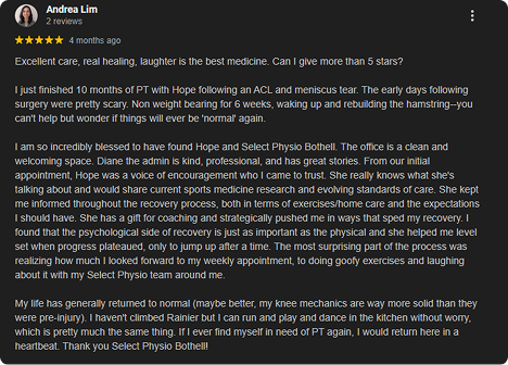 Review by Andrea Lim praising physical therapy. Mentions her recovery from ACL tear, meniscus tear, and knee surgery, highlighting positive results with Select Physio.