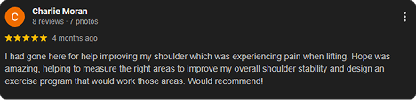 Screenshot of a Google review by Charlie Moran, rated 5 stars, praising shoulder improvement through exercise and shoulder stabilization exercises.