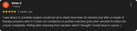 Screenshot of a Google review from Victor K for a medical procedure, with five-star rating, mentioning positive experience after therapy sessions and a successful outcome.
