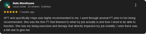 Screenshot of a Google review for Nate Morehouse, mentioning SPT and physical therapy, with a 5-star rating and a written testimonial about the benefits of therapy.