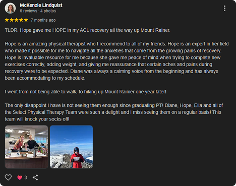 A screenshot of a Facebook post by McKenzie Lindquist sharing a positive story about Hope, a physical therapist, and their experience with ACL recovery and hiking on Mount Rainier with photos of Hope and the hiking trip.