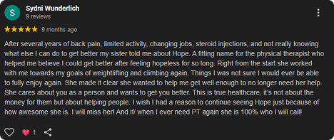 Screenshot of a Facebook review written by Sydni Wunderlich praising a physical therapist for helping her after several years of back pain and limited activity. She mentions feeling confident in her progress and is grateful for the support.