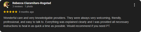 Screenshot of a five-star review by Rebecca Ciaramitro-Rogstad praising the caring, welcoming, professional, and clear instructions of a healthcare provider.