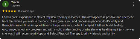 Screenshot of a Google review for Select Physical Therapy in Bothell, praising the positive atmosphere, professionalism, and effective treatment by Diane.