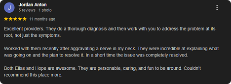 Screenshot of a Google review with five stars, praising healthcare providers for thorough diagnosis and effective treatment, mentioning a positive experience with nerve issues and appreciation for staff as personable and caring.