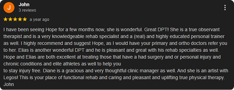 Screenshot of a Google review for a rehabilitation specialist, praising her care, expertise, and compassionate approach.