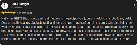 Review by Beth Fulbright praising a healthcare provider for postpartum care, mentioning her positive experience and recommendation.