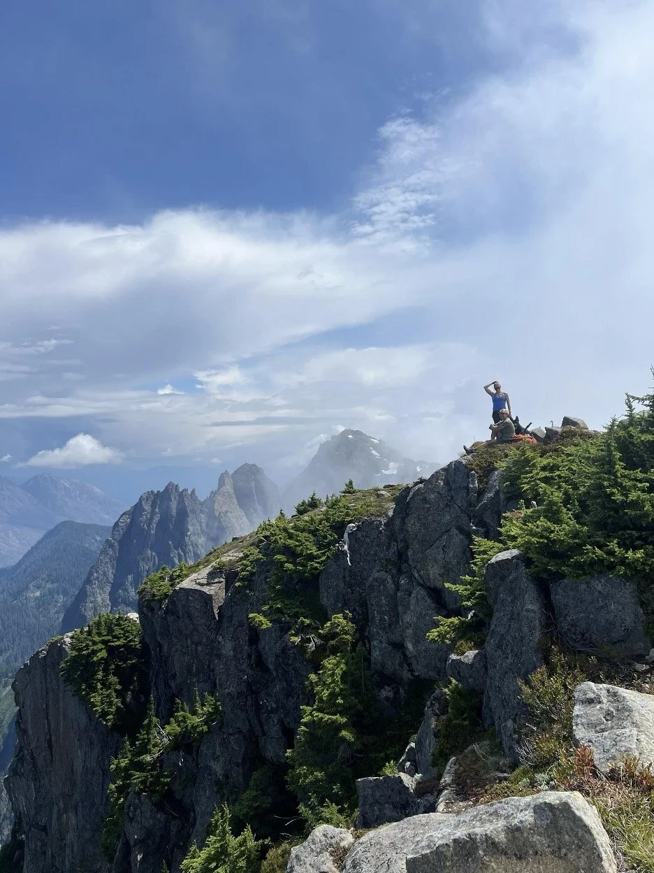 A person standing and looking out from a rocky mountain summit under a partly cloudy sky, with mountain peaks in the background and greenery on the rocks.