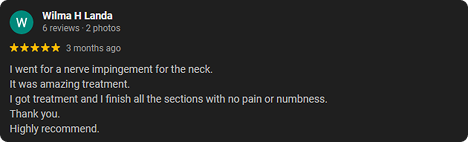 Screenshot of a positive review on a service platform, praising a treatment for a nerve impingement in the neck.