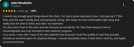 Screenshot of a Google review by Sydni Wunderlich praising a physical therapy clinic, mentioning a positive experience, personalized attention, and high recommendation.