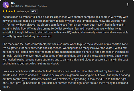 Screenshot of a Google review for SL, a local guide, sharing a positive experience with PT, discussing recovery and therapy progress.