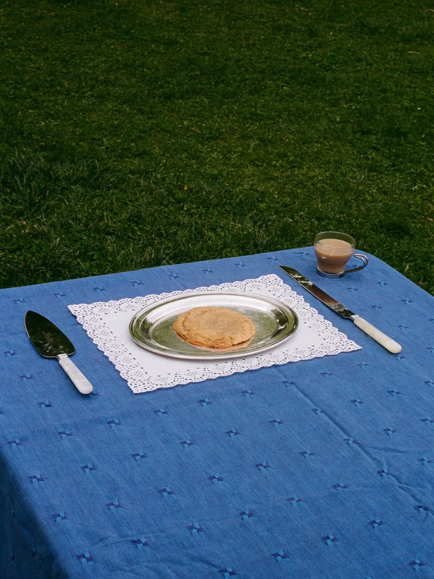 A table with a blue tablecloth set outdoors, featuring a green grassy field in the background, with a single cookie on a silver plate, a small glass of coffee, a knife, and a cake server arranged neatly.