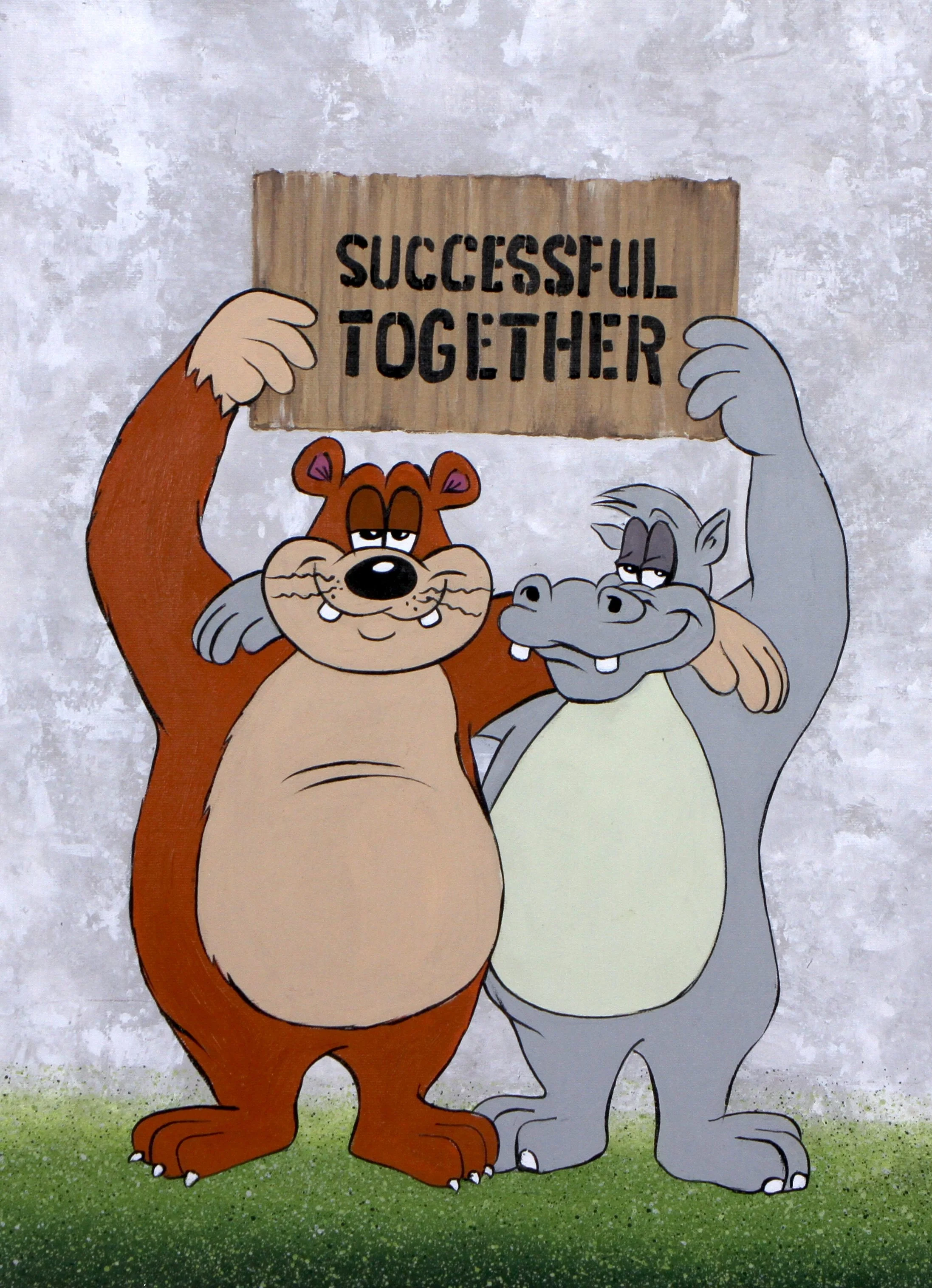   BB &amp; Hippo Successful Together   18 × 13.5 in.  Acrylic on canvas 