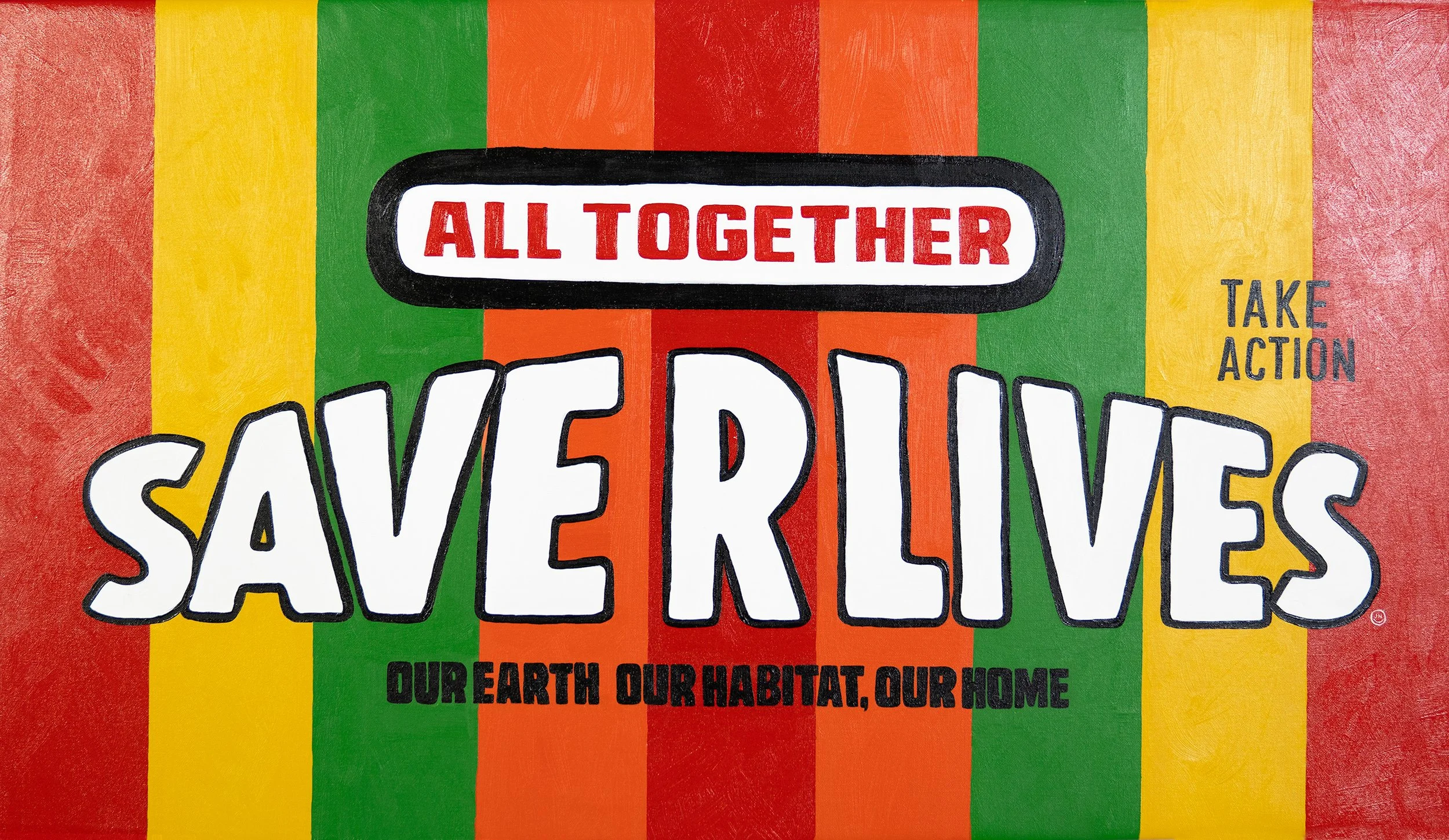  All Together Save R Lives  Acrylic on canvas 24 × 42 in. 
