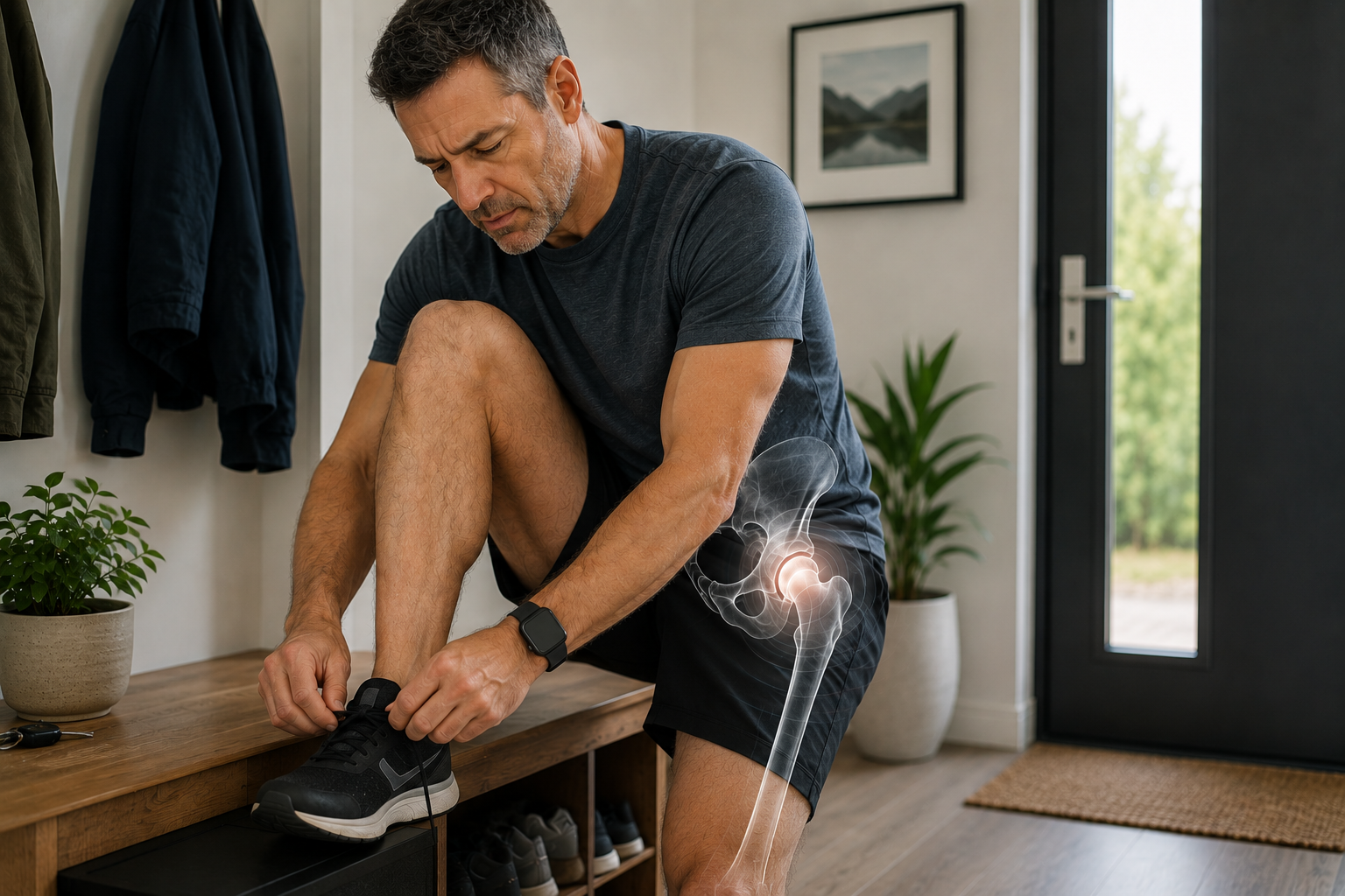 Man experiencing hip pain while putting on his shoe