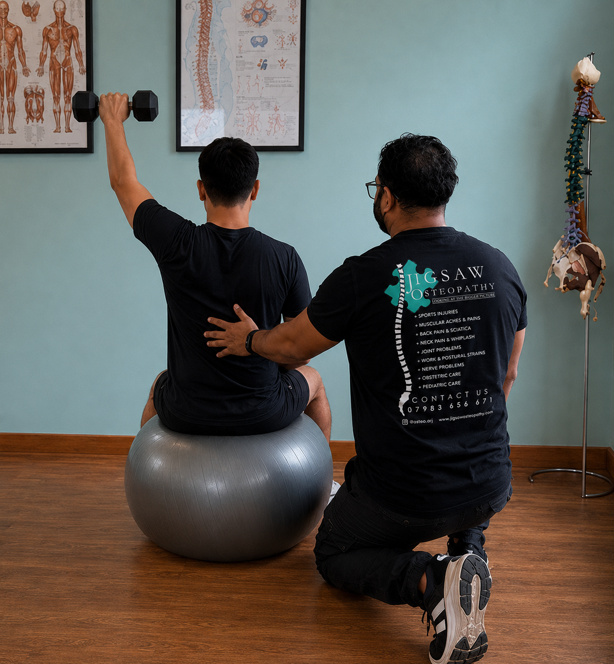 Patient performing a shoulder exercise with guidance during rehabilitation at Jigsaw Osteopathy Clinic