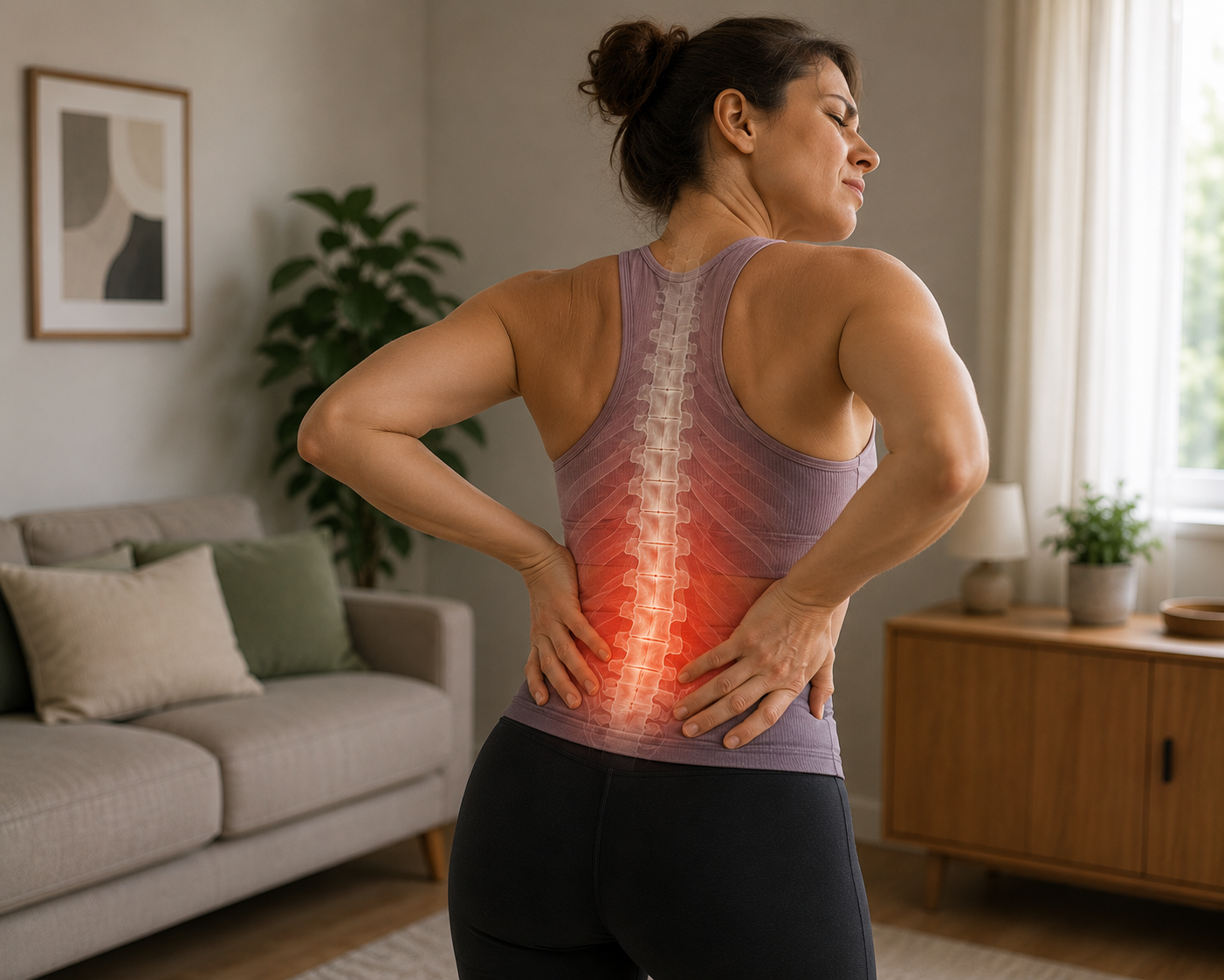 Woman experiencing lower back stiffness and restricted movement