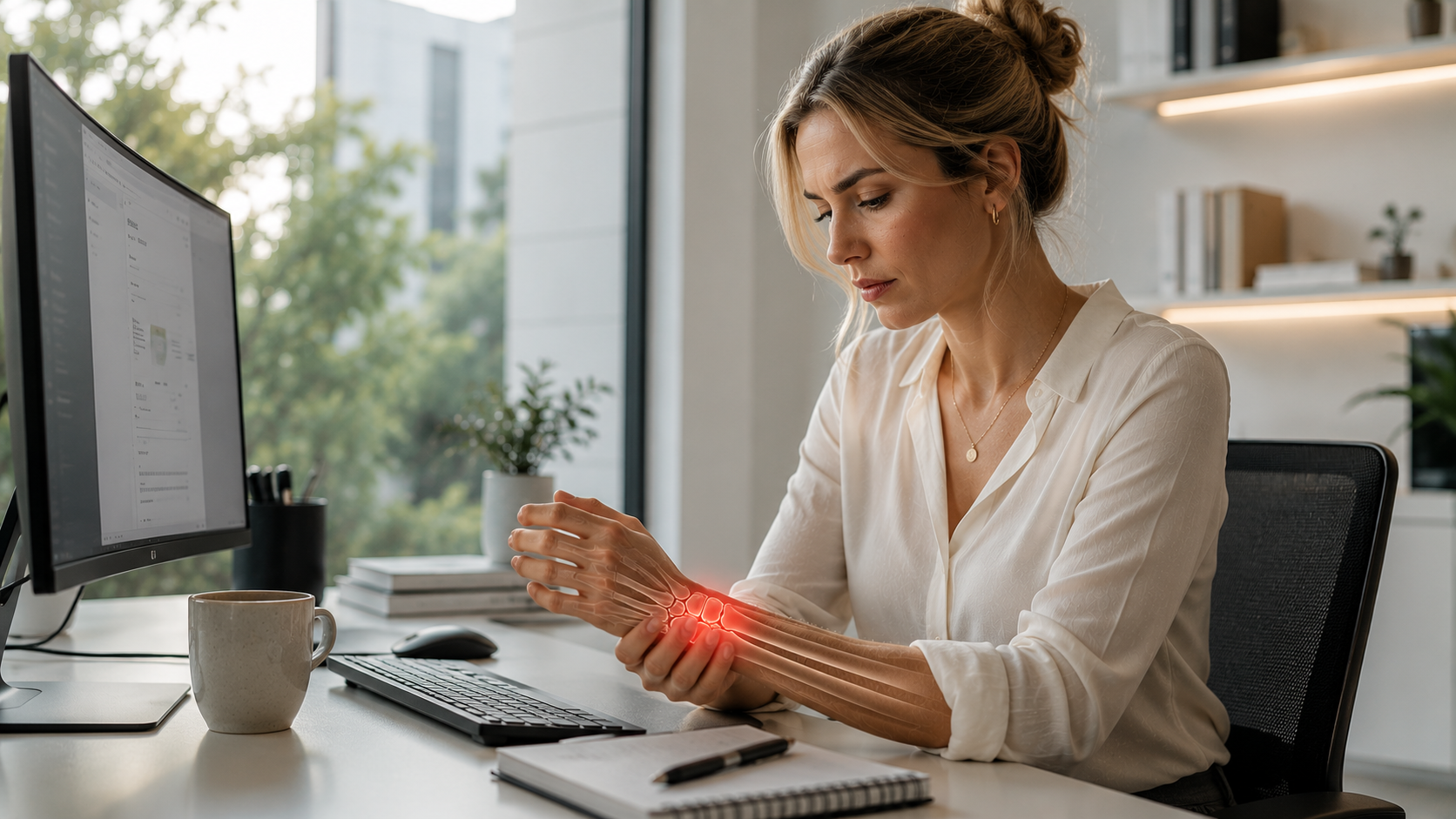 Woman experiencing wrist pain while working at a computer