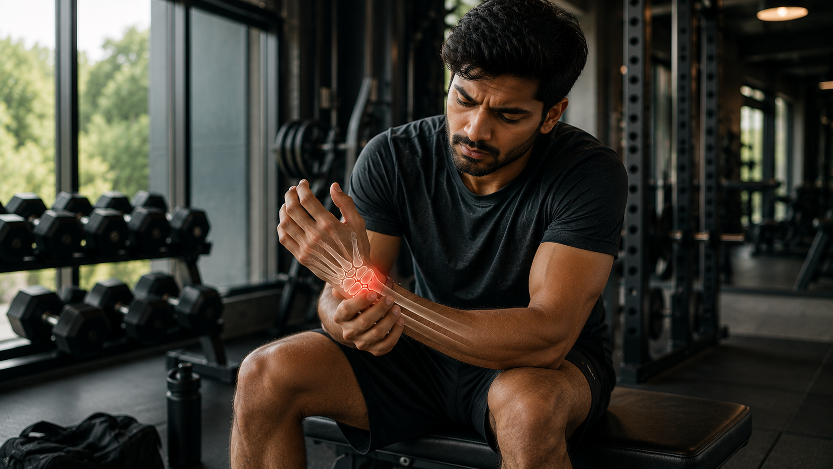 Man experiencing wrist pain while weight training at the gym