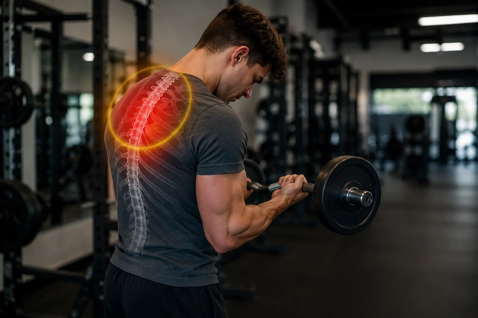Man experiencing upper back pain while weight training at the gym