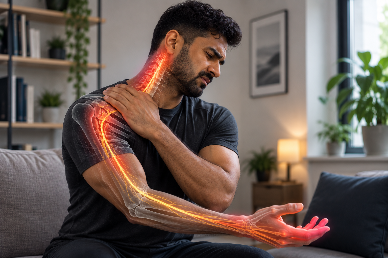 Man experiencing pain and tingling extending from his neck into his arm