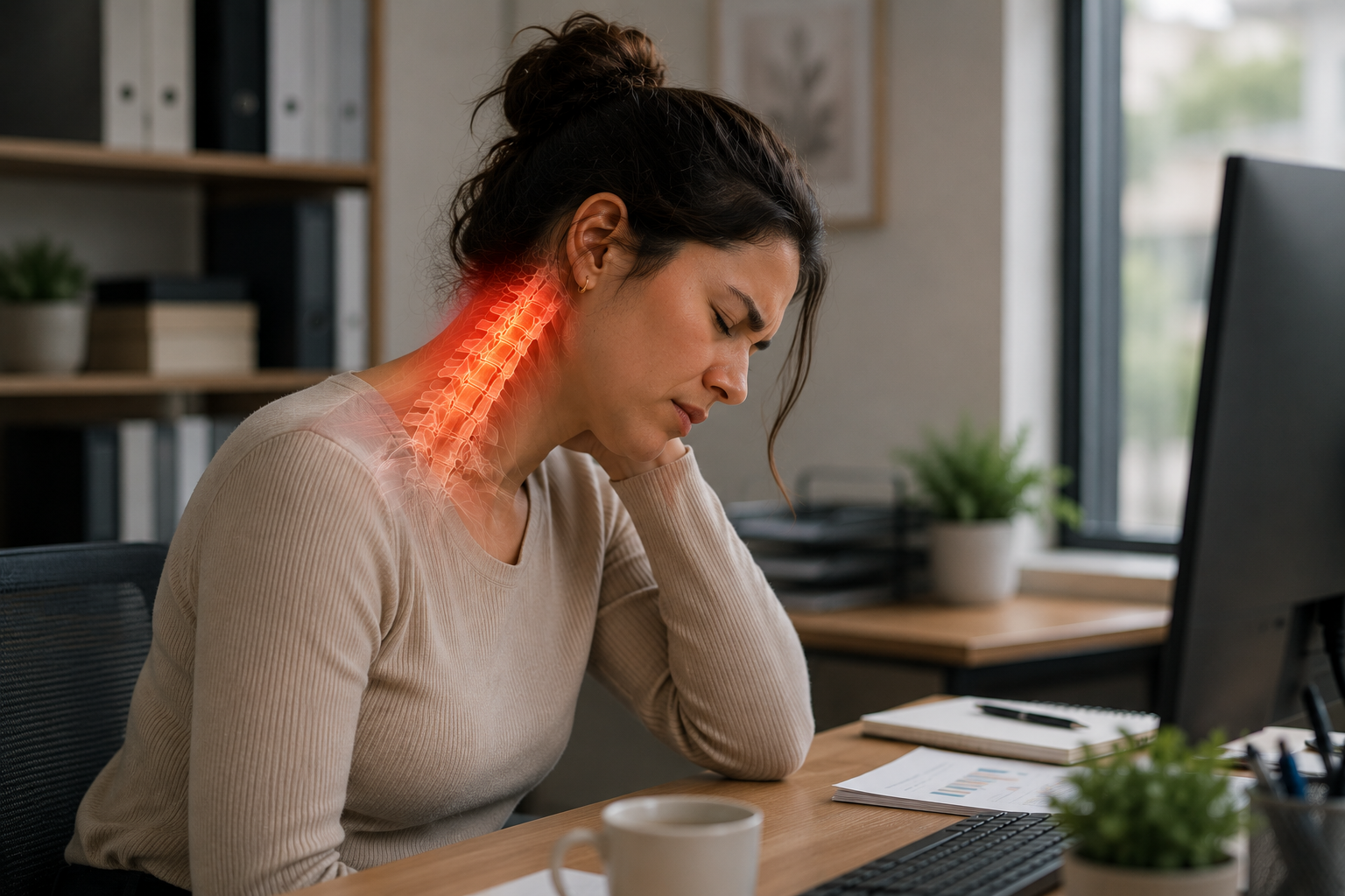 Woman experiencing neck pain while working at a desk