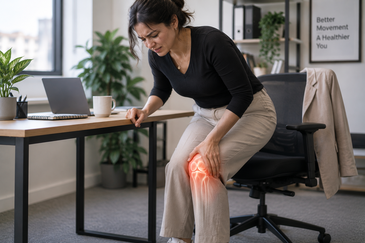 Woman experiencing knee pain while standing at her desk