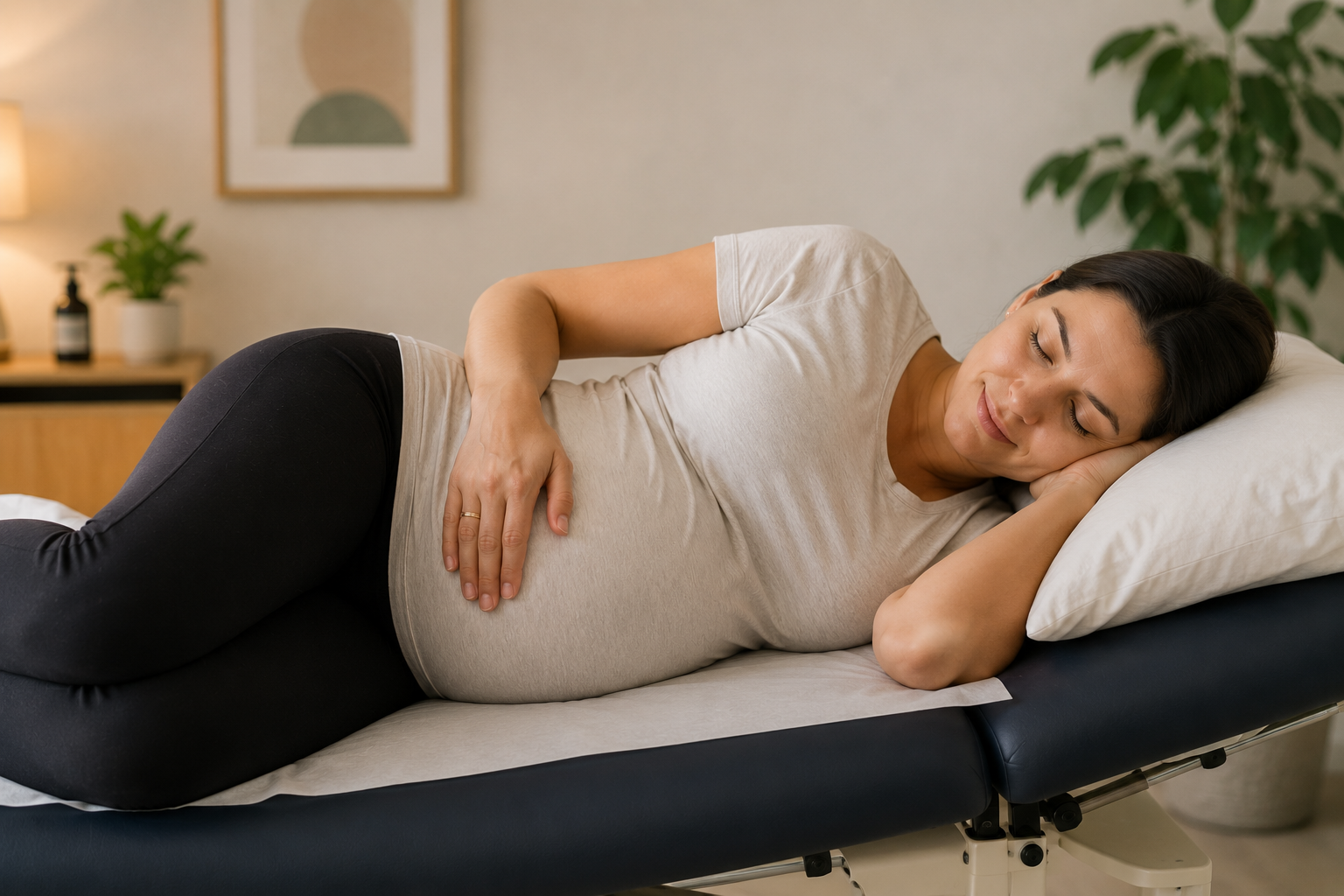 Pregnant woman lying comfortably on her side for hands-on treatment
