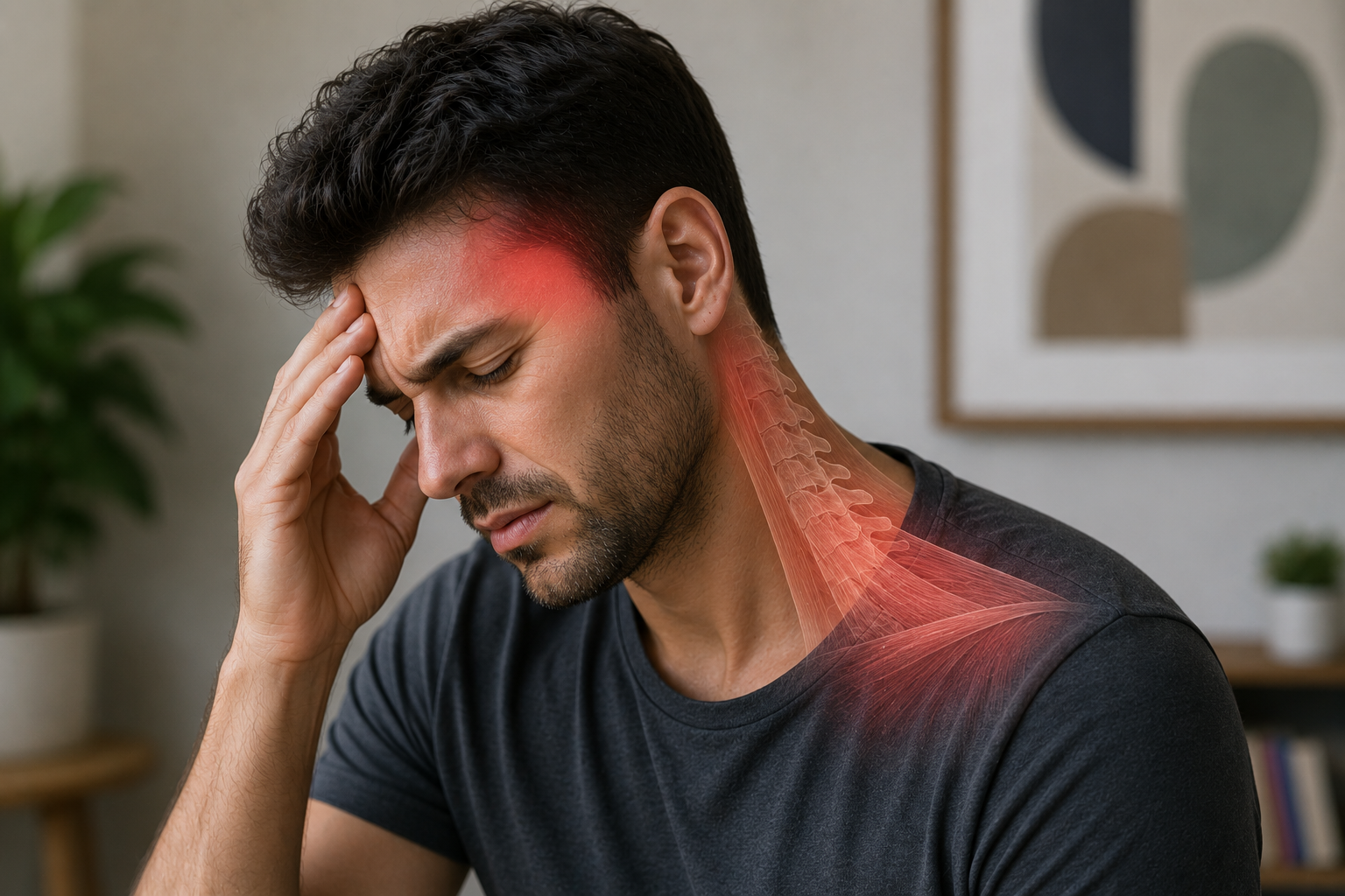 Man experiencing headache with pain extending into his neck