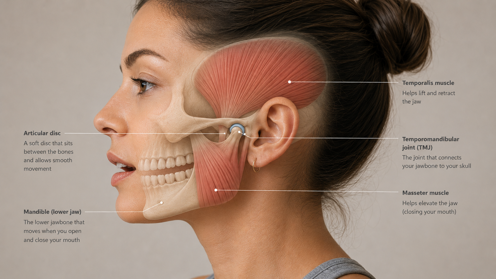 Anatomical illustration showing the TMJ, jaw muscles and articular disc