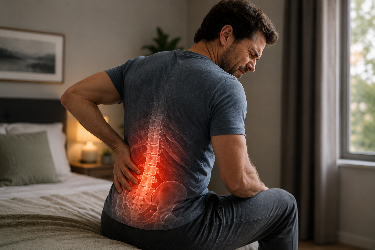 Man experiencing lower back pain while sitting