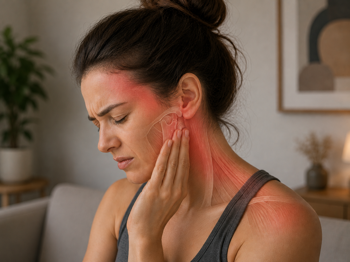 Woman holding her jaw while experiencing jaw pain and headache