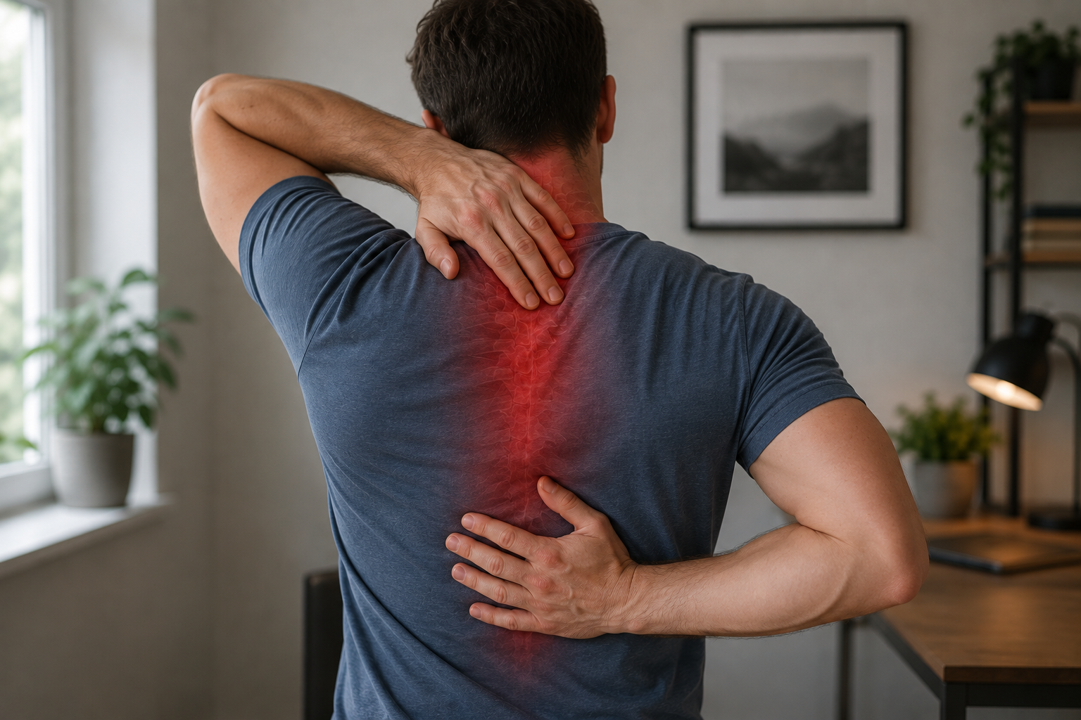 Man holding his upper back due to pain and stiffness